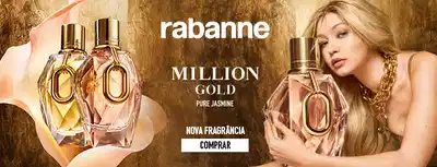 O banner apresenta frascos de perfume da marca Rabanne Million Gold, com informações sobre a nova fragrância.