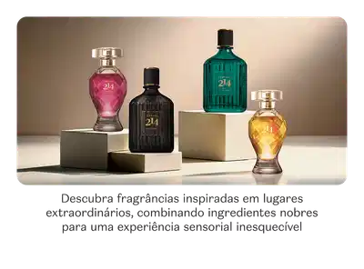Quatro frascos de Eau de Parfum Botika 214. Os frascos possuem formatos e cores diferentes e estão dispostos sobre superfície clara, com alguns blocos de madeira ao redor.