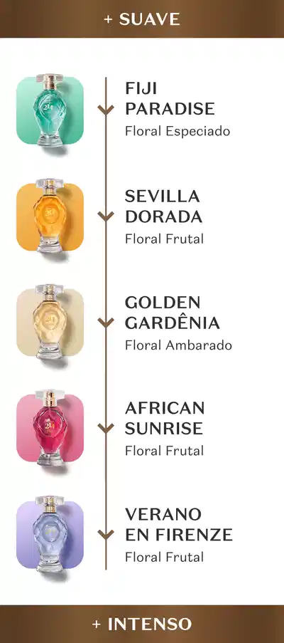 Seis vidros de Eau de Parfum da marca Botica 214 de diferentes linhas e, ao lado, uma régua olfativa mostrando a diferença entre eles.