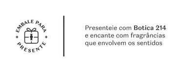 Fundo cinza-claro com caixa de presente vetorizada e texto convidando a presentear com Botica 214, fragrâncias que envolvem os sentidos.