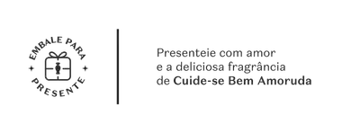 Fundo cinza-claro com imagem de caixa de presente vetorizada e texto convidando a presentear com as fragrâncias da marca Cuide-se Bem Amoruda.