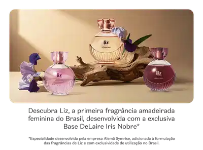 Vidros de desodorantes colônias da marca Liz  em superfície bege e fundo em tons rosados com texto explica que é uma fragrância desenvolvida com base DeLaire Iris Nobre.