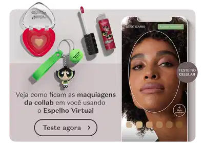 Imagem ilustrativa de um smartphone com uma modelo testando o Espelho Virtual, ao lado de vários itens da collab com As Meninas Superpoderosas.