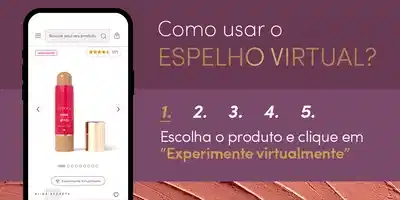 O banner mostra um aplicativo de comércio eletrônico com uma imagem de um produto de beleza, provavelmente um batom ou creme. O texto convida o usuário a experimentar virtualmente o produto clicando nele.