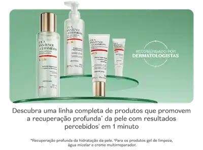 Linha completa de produtos da marca Botik O Boticário, recomendados por dermatologistas para a recuperação profunda da pele com resultados percebidos em 1 minuto. O conjunto inclui um gel de limpeza, água micelar e um creme multireparador.