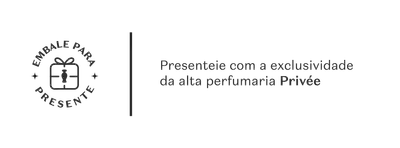 Banner branco, com letras pretas, convidando para presentear com a perfumaria de Privée.