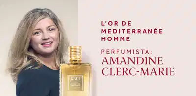 Uma mulher loira sorrindo e um Frasco do L’Or de Méditerranée Pour Homme. Perfumista: Amandine Clerc-Marie.