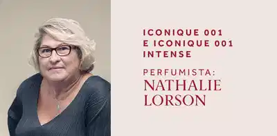 Uma mulher de cabelos loiros e óculos. Iconique 001 e Iconique 001 Intense, perfumista Nathalie Lorson.