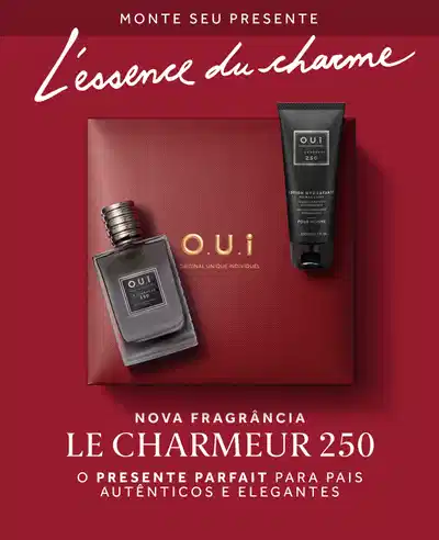 Um Combo O.U.I Le Charmeur: Eau De Parfum 75ml + Loção Corporal 200ml + Caixa. O presente parfait para pais autênticos e elegantes.