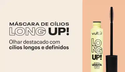 Uma embalagem de Máscara de Cílios Vult Long Up! Olhar destacado com cílios longos e definidos.