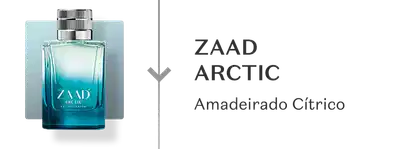 Frasco de fragrância elegante com design moderno em tons de azul e cinza, com o texto "ZAAD ARCTIC Amadeirado Cítrico".