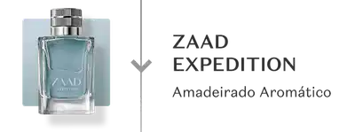 Frasco de fragrância elegante com a inscrição "ZAAD EXPEDITION" e "Amadeirado Aromático".