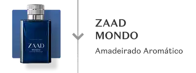 Frasco de fragrância elegante em embalagem azul com texto "ZAAD MONDO Amadeirado Aromático".