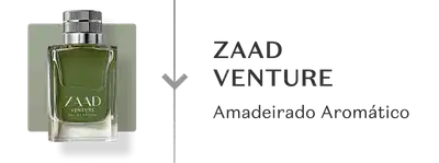 Frasco de fragrância elegante com rótulo "ZAAD VENTURE Amadeirado Aromático".