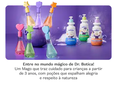 Toda a linha de produtos Dr. Botica em um cenário azul com iluminação e pontos brancos. O texto convida a conhecer o mundo mágico da marca.