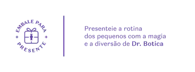 Fundo cinza-claro com letras cinza, desenho vetorizado e um presente, explicando que o produto vem embalagem para presente. Há um convite para presentear com os produtos da Dr. Botica.