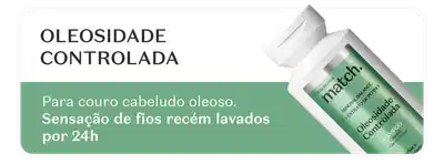 Produto de cuidados capilares da marca Match. O produto é um óleo para cabelos oleosos, que os deixa com sensação de fios recém-lavados por 24h. A embalagem é branca com rótuolo prateado.