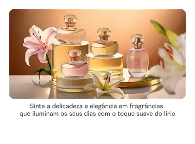 Vidros de fragrâncias da marca Lily de diversas linhas com fundo rosado e superfície branca e texto convidando a sentir a delicadeza da marca.