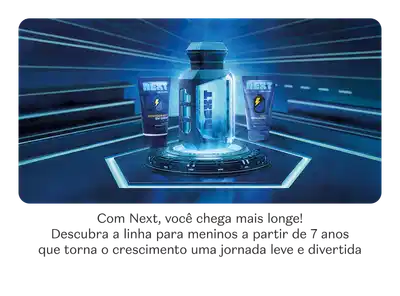 Diferentes produtos da marca Next em plataforma azul e fundo futurista na mesma cor e texto com informações sobre a marca.