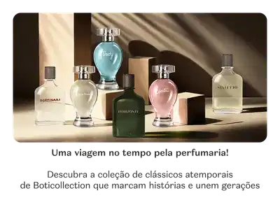 Diversos vidros de itens de perfumaria O Boticário em fundo em tons de preto, branco e cinza, e superfície clara, com texto convidando a conhecer a marca Boticollection.