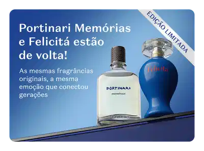 Vidro transparente de Portinari e vidro azul de Felicitá superfície azul-escuro e fundo em degradê de azul e branco, com texto comentando sobre a volta dessas fragrâncias.