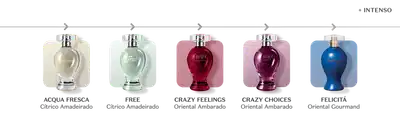 Quadrados em tons neutros com fragrâncias da marca Boticollection em frente das figuras geométricas. Há legendas com informações sobre os produtos.