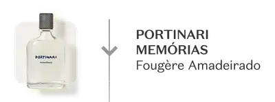 Frasco da fragrância Portinari Memórias com sua família olfativa Fougère Amadeirado sobre fundo branco.