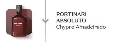 Frasco de fragrância Portinari Absoluto com a família olfativa Chypre Amadeirado sobre fundo branco.