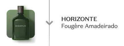Frasco verde da fragrância Horizonte com sua família olfativa Fougère Amadeirado sobre fundo branco.