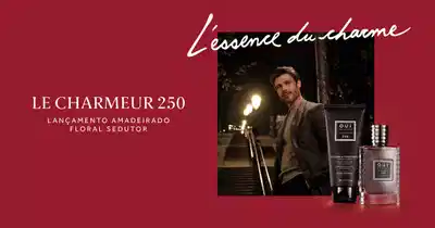 O banner apresenta o lançamento de "Le Charmeur 250", uma fragrância floral. A imagem mostra um homem segurando o frasco.