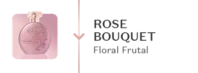 Frasco de fragrância rosa com ilustração de rosas. Texto "Rose Bouquet Floral Frutal".