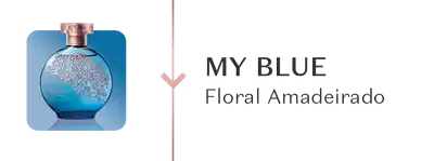 Frasco de fragrância elegante em tom azul com ilustrações florais. Texto "My Blue Floral Amadeirado".