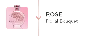 Frasco de fragrância rosa com ilustração floral. Texto "ROSE Floral Bouquet".