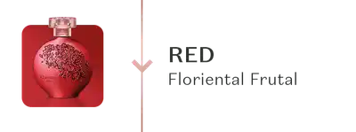 Frasco de fragrância elegante em vermelho com ilustrações florais. Texto "RED Floriental Frutal".