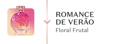 Frasco de fragrância elegante com ilustrações botânicas, exibindo o nome "Romance de Verão Floral Frutal".