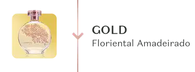 Frasco de fragrância elegante com ilustrações botânicas e texto "Gold Floriental Amadeirado".
