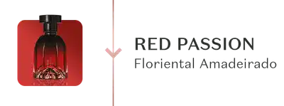 Frasco de fragrância elegante em vermelho com o texto "RED PASSION Floriental Amadeirado".