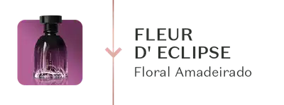 Frasco de fragrância elegante em tom roxo com o texto "FLEUR D'ECLIPSE Floral Amadeirado".