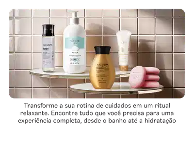 Sabonetes e hidratantes do O Boticário na prateleira. O texto convida a transformar a rotina de cuidados em um ritual relaxante.