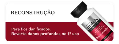 Produto da marca Match para reconstrução capilar. Ele chega em uma embalagem branca com rótulo vinho metálico e tampa preta, com texto dizendo que reverte danos profundos no primeiro uso.