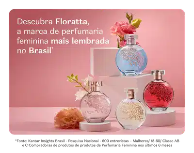 Diversos vidros de desodorante colônia Floratta de diferentes linhas com rosas vermelhas e cor-de-rosa em superfície e fundo em tons de rosa e texto convidando a conhecer toda a marca.