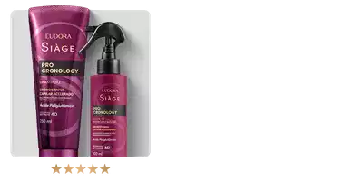 Embalagens de produtos de cuidados com a pele da marca Eudora Siage, incluindo desodorante colônia, loção corporal, creme corporal e máscara de cílios, em tons de rosa e roxo.