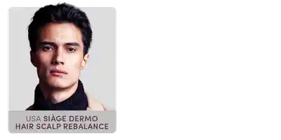 O banner mostra o rosto de um homem com cabelos escuros em um fundo cinza, com o texto "USA SIAGE DERMO HAIR SCALP REBALANCE" abaixo da imagem.