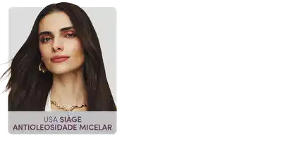 Imagem de uma mulher com cabelos escuros e longos, olhando diretamente para a câmera. O texto no banner indica que o produto é um "Usa Siage Antioleolosidade Micelar".