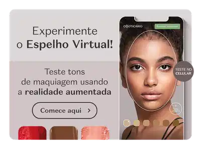 O banner mostra uma mulher com maquiagem usando um aplicativo de realidade aumentada para testar diferentes looks. O texto convida o usuário a "Experimente o Espelho Virtual!".