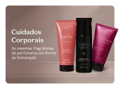Três produtos de corpo e banho O Boticário em um fundo em tons de roxo e lilás e texto falando sobre os produtos de cuidados corporais.