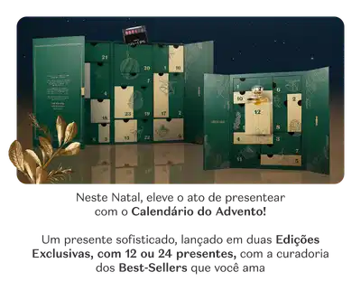 O banner apresenta duas opções do Calendário do Advento com 12 ou 24 surpresas. Os calendários são decorados com ilustrações botânicas e tem uma embalagem elegante em tons de verde e dourado.