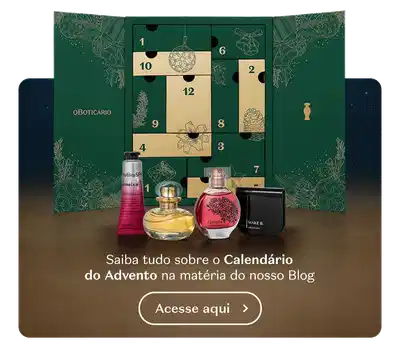 O banner apresenta um calendário do Advento com produtos de beleza da marca O Boticário, incluindo fragrâncias, loção corporal e máscara de cílios. O texto convida saber mais sobre no Blog.