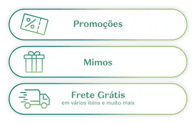 O banner apresenta três seções principais: "Promoções" com ilustração de cupom, "Mimos" com ilustração de caixa de presente e "Frete Grátis em vários itens e muito mais" com ilustração de caminhão.