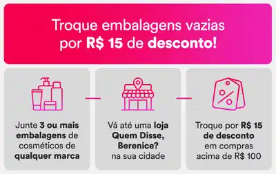 Banner de reciclagem. Mostra 3 passos: ícone de produtos, ícone de loja QDB e ícone de desconto (R$ 15) para troca de embalagens.